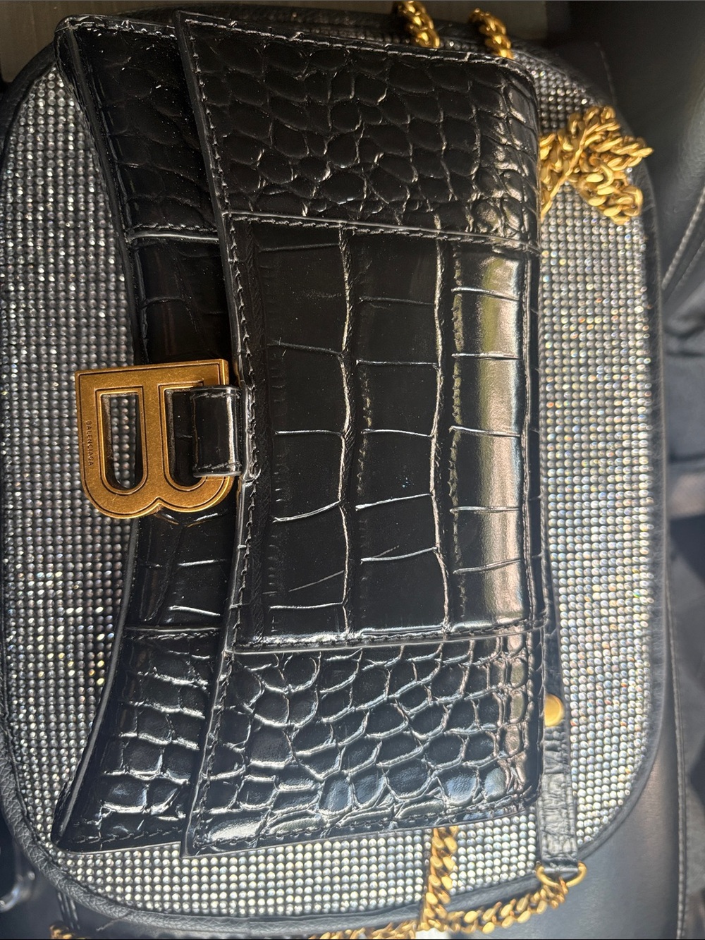 Balenciaga Black Croc-Embossed Leather Chain Shoulder Bag with Gold Hardware